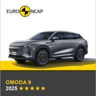 ÖAMTC-Crashtest: Omoda 9 Auf dem Bild sieht man ein graues Auto. Darüber das Logo des Crashtest-Konsortiums Euro NCAP. Unter dem Auto steht in gelber Schrift auf grauem Hintergrund, um welches Fahrzeug es sich handelt sowie die Sternebewertung, in weißer Schrift das Jahr des Tests.