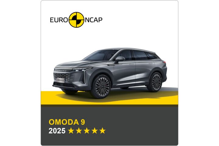 Auf dem Bild sieht man ein graues Auto. Darüber das Logo des Crashtest-Konsortiums Euro NCAP. Unter dem Auto steht in gelber Schrift auf grauem Hintergrund, um welches Fahrzeug es sich handelt sowie die Sternebewertung, in weißer Schrift das Jahr des Tests.