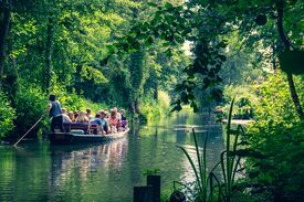 Auf dem Bild sieht man einen Fluss im Spreewald, auf dem ein Boot mit Menschen fährt.