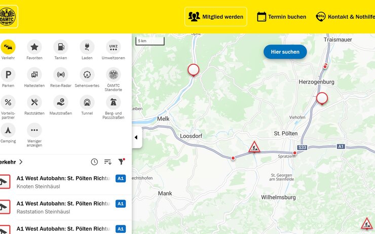 Screenshot des ÖAMTC-Routenplaners, in dem Verkehrslage aktiviert ist.