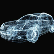 Abstrakte Grafik eines Autos mit leuchtenden Linien und Punkten. 3D-Illustration auf schwarzem Hintergrund. 