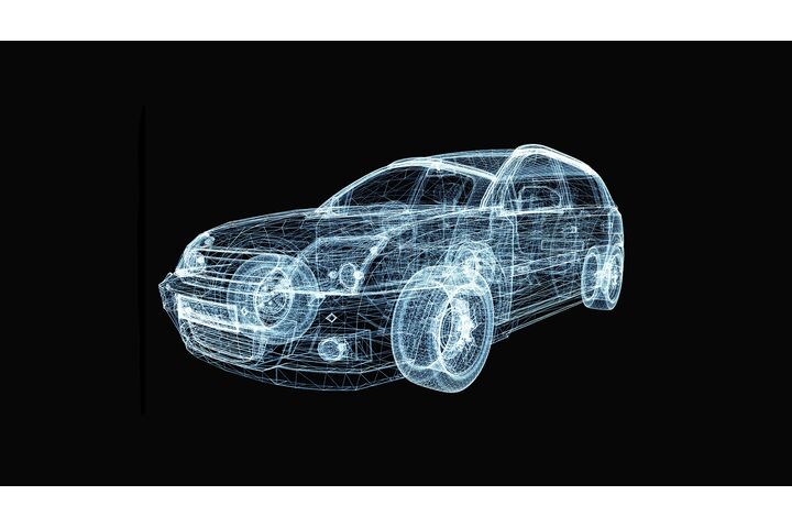 Abstrakte Grafik eines Autos mit leuchtenden Linien und Punkten. 3D-Illustration auf schwarzem Hintergrund. 