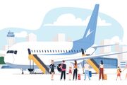 Eine Illustration mit Flugzeug und Passagieren. Die Passagiere warten draußen bevor sie einsteigen.