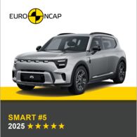 Crashtest: Smart #5 Auf dem Bild sieht man ein graues Auto. Darüber das Logo des Crashtest-Konsortiums Euro NCAP. Unter dem Auto steht in gelber Schrift auf grauem Hintergrund, um welches Fahrzeug es sich handelt sowie die Sternebewertung, in weißer Schrift das Jahr des Tests.