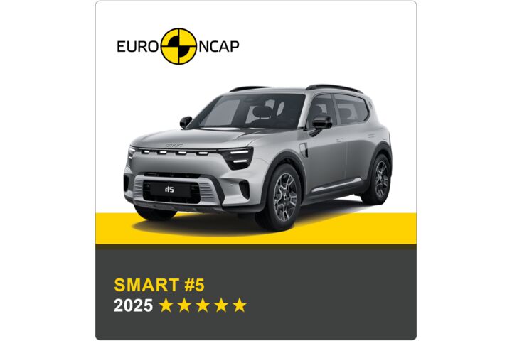 Auf dem Bild sieht man ein graues Auto. Darüber das Logo des Crashtest-Konsortiums Euro NCAP. Unter dem Auto steht in gelber Schrift auf grauem Hintergrund, um welches Fahrzeug es sich handelt sowie die Sternebewertung, in weißer Schrift das Jahr des Tests.