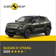 Crashtest: Suzuki E Vitara Auf dem Bild sieht man ein olivgrünes Auto. Darüber das Logo des Crashtest-Konsortiums Euro NCAP. Unter dem Auto steht in gelber Schrift auf grauem Hintergrund, um welches Fahrzeug es sich handelt sowie die Sternebewertung, in weißer Schrift das Jahr des Tests.