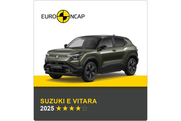 Auf dem Bild sieht man ein olivgrünes Auto. Darüber das Logo des Crashtest-Konsortiums Euro NCAP. Unter dem Auto steht in gelber Schrift auf grauem Hintergrund, um welches Fahrzeug es sich handelt sowie die Sternebewertung, in weißer Schrift das Jahr des Tests.
