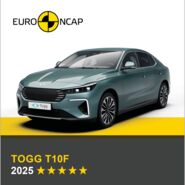 Auf dem Bild sieht man ein türkises Auto. Darüber das Logo des Crashtest-Konsortiums Euro NCAP. Unter dem Auto steht in gelber Schrift auf grauem Hintergrund, um welches Fahrzeug es sich handelt sowie die Sternebewertung, in weißer Schrift das Jahr des Tests.