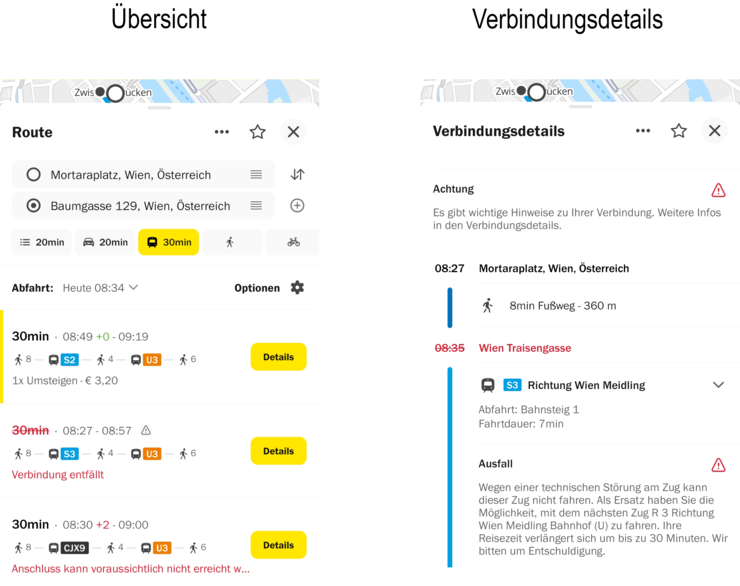 Screenshots vom ÖAMTC-Routenplaner, wie man Öffentlichen Verkehr Verspätungen / Ausfälle abruft.