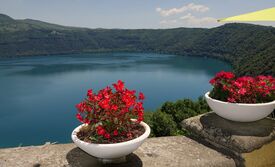 Blick auf einen See mit roten Blumen im Vordergrund