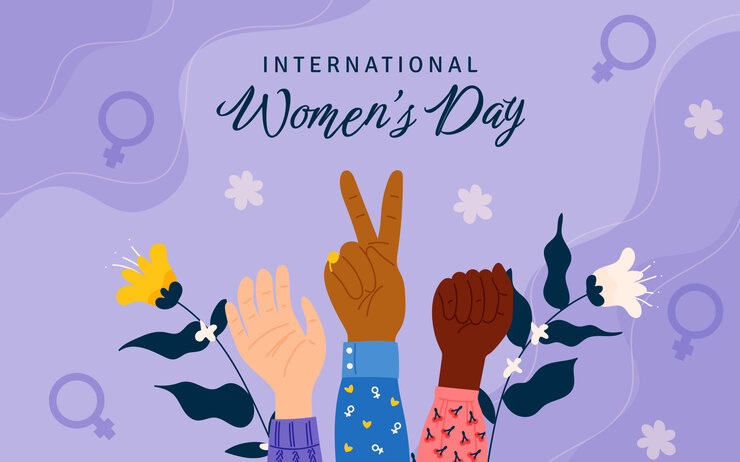 Illustration zum Weltfrauentag. Drei verschieden farbige Hände, Blumen, peace Zeichen. 