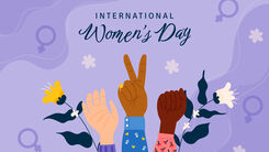 Illustration zum Weltfrauentag. Drei verschieden farbige Hände, Blumen, peace Zeichen. 