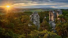 Eine Landschaft im Böhmischen Paradies mit Wald und Felsen bei Sonnenaufgang