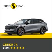 Auf dem Bild sieht man ein graues Auto. Darüber das Logo des Crashtest-Konsortiums Euro NCAP. Unter dem Auto steht in gelber Schrift auf grauem Hintergrund, um welches Fahrzeug es sich handelt sowie die Sternebewertung, in weißer Schrift das Jahr des Tests.
