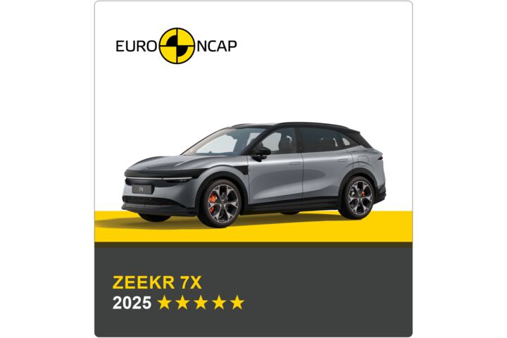 Auf dem Bild sieht man ein graues Auto. Darüber das Logo des Crashtest-Konsortiums Euro NCAP. Unter dem Auto steht in gelber Schrift auf grauem Hintergrund, um welches Fahrzeug es sich handelt sowie die Sternebewertung, in weißer Schrift das Jahr des Tests.
